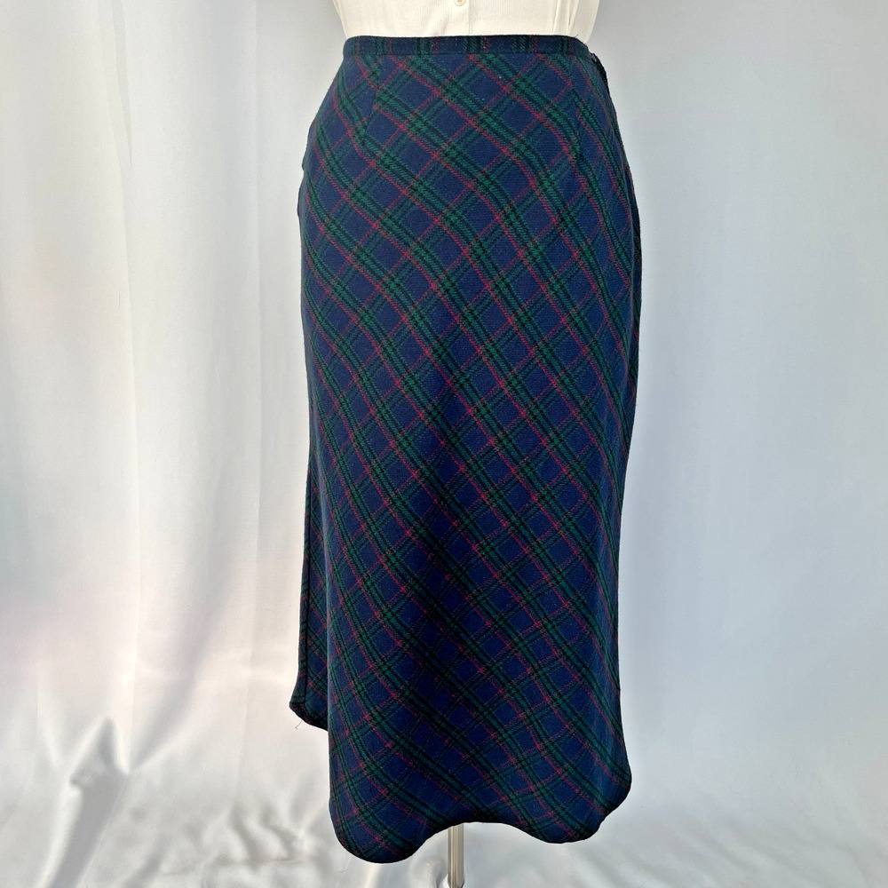 Vintage Midi Skirt Size 14 Navy Blue Green Plaid Tartan Wool Office Academia 90s
